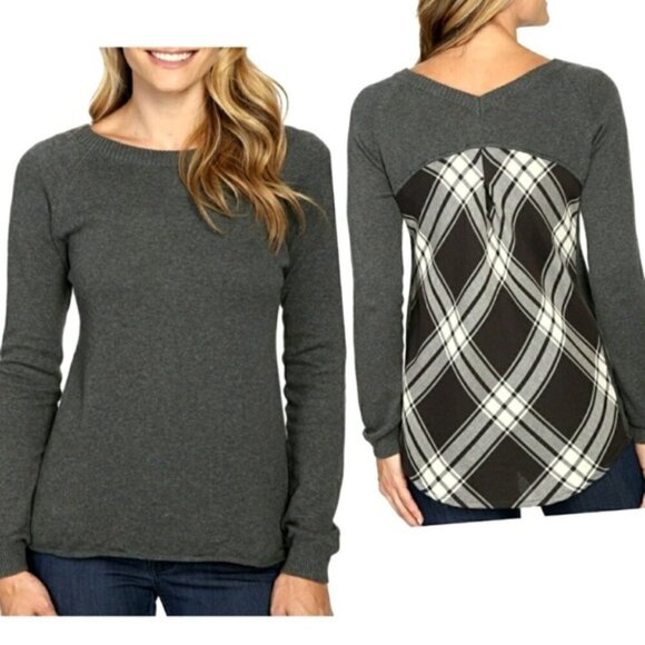 Prana Top Women's Medium Charcoal Colorblock Natalia Sweater Plaid Long Sleeve - Picture 1 of 13